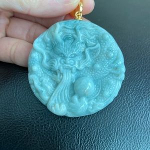 Large 14K Solid Gold Natural Jade Carved Dragon Men Round Pendant Power Strength